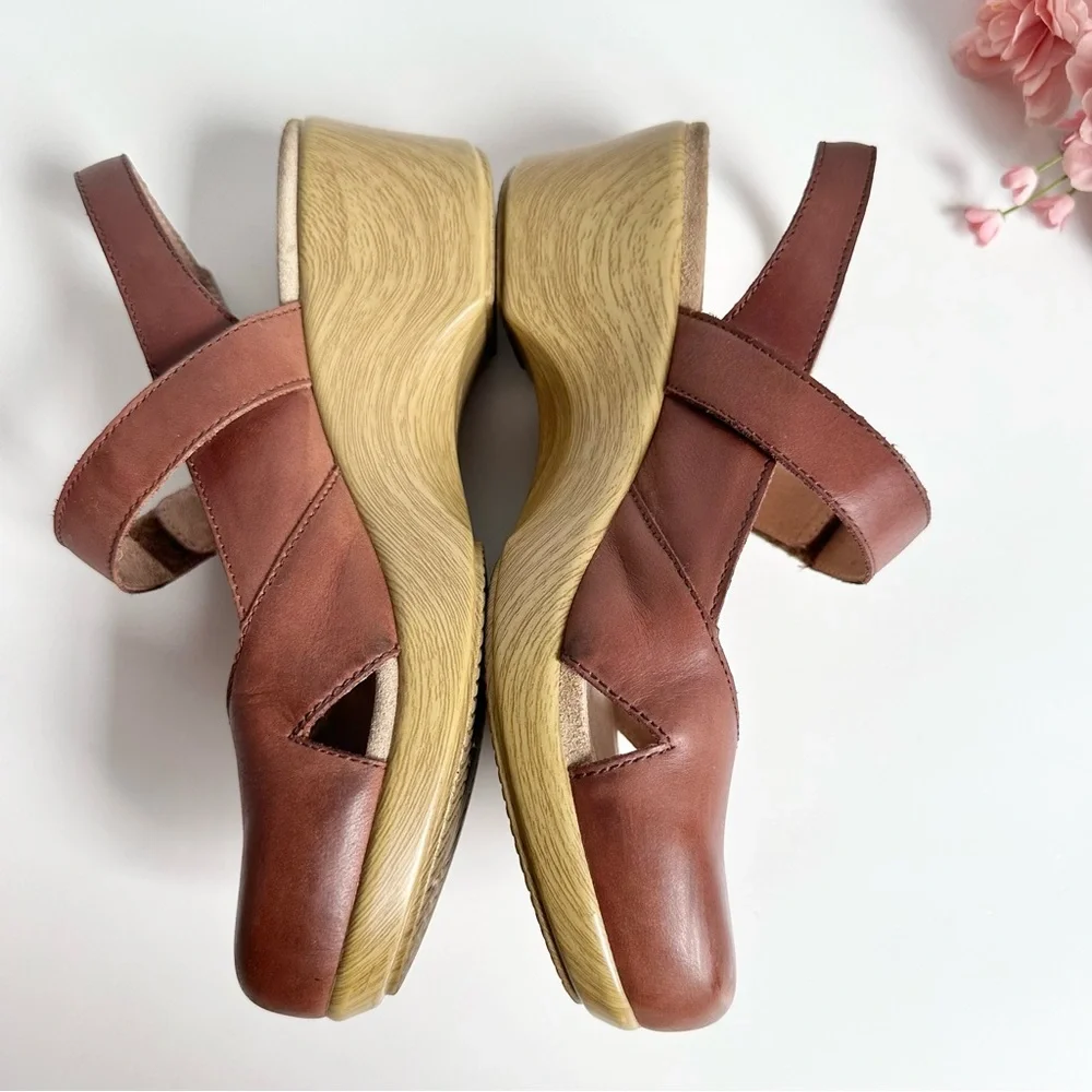 Alegria Tarah Cognac Leather Ankle Strap Wedge Shoes - Picture 11 of 16
